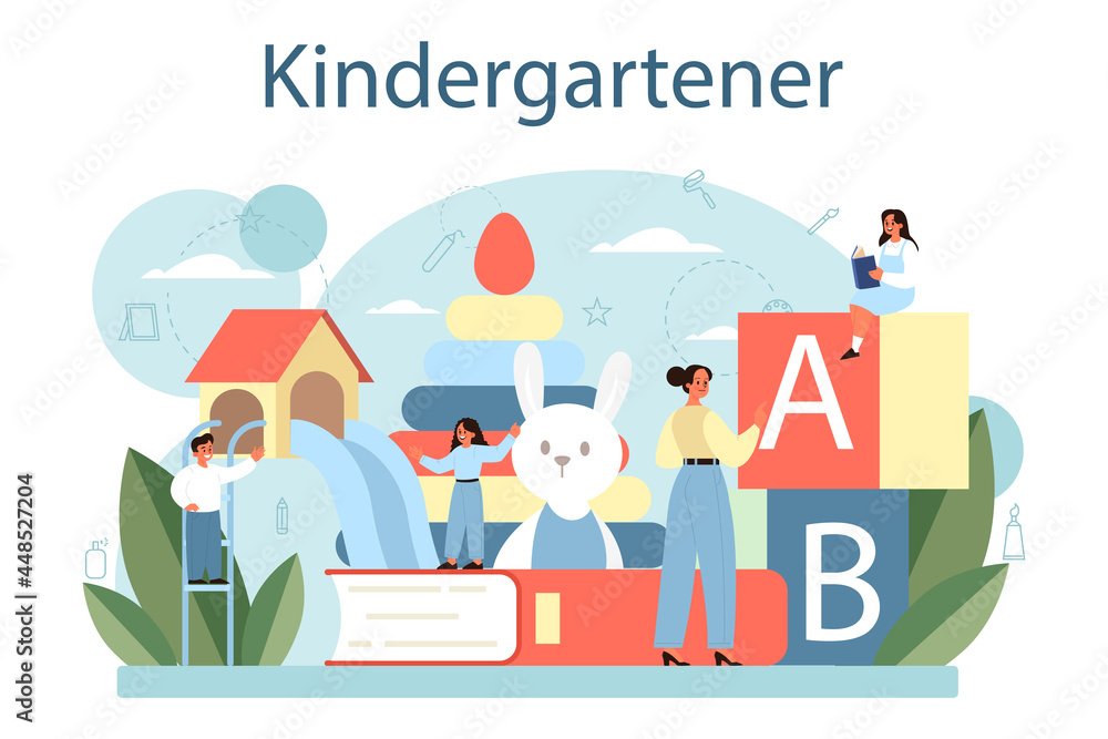 Kindergartener. Professional nany and children doing different activities.