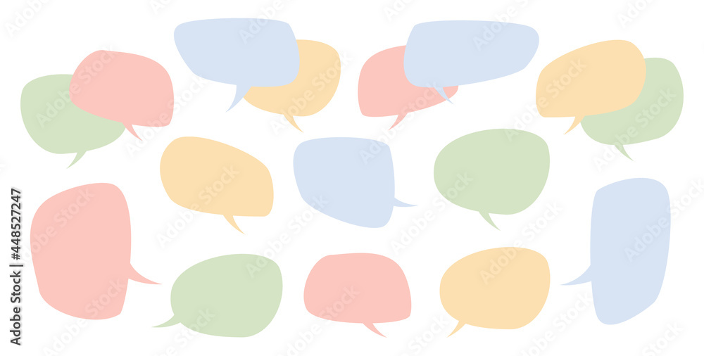 Set of speak bubbles for text, chatting boxes, bubbles for messages isolated flat line icon. Vector balloon doodle style thinking sign symbols, dialogue discussion paper notes, empty frames borders