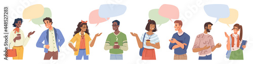 People chatting and communicating, speech bubbles and chatting messages over head isolated flat cartoon multiethnic man and woman and chat boxes. Vector communication, talking coworkers, team