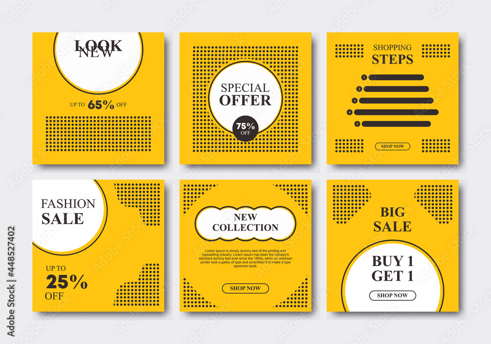 Fototapeta premium Set of editable minimal square banner template. Yellow, white and black colors for social media post. Suitable for social media post, brochure, flyer, web, internet ad, etc. Vector illustration