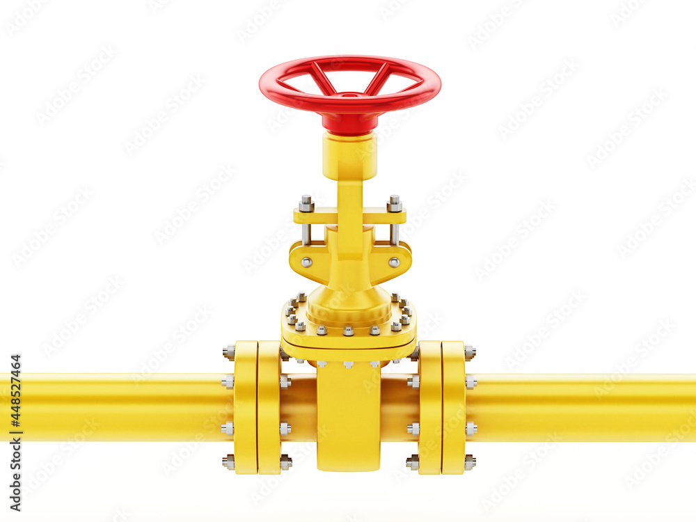 Yellow oil pipe with valve isolated on white background. 3D illustration Yellow oil pipe with valve isolated on white background. 3D illustration