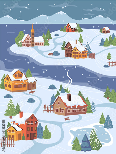 New Year Christmas rural village scenery, cottages and trees in snow, flat cartoon design. Vector mountains and starry sky, pathways and firs and spruces, countryside , houses with garlands, fence