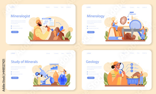 Mineralogist web banner or landing page set. Professional scientist