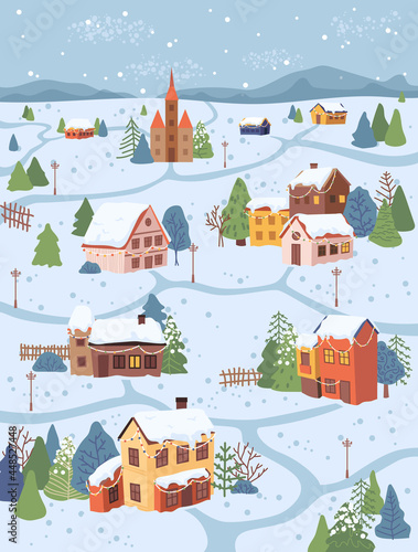 Christmas rural village scenery, cottages and trees in snow, flat cartoon design. Vector mountains, houses with light decorated by garlands, pathways, huts with fence, nordic chalets, winter holidays