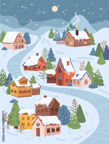 Winter village landscape, cottage houses in snow, Christmas night, moon in sky. Vector rural countryside scenery, snowy fur trees, chalets decorated by garlands, chimney pipe with smoke, wintertime