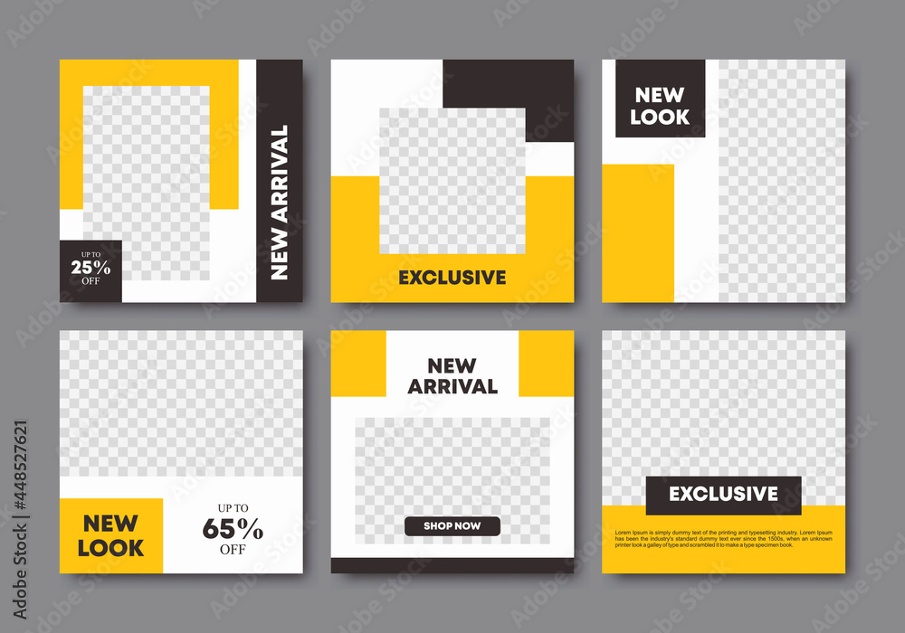 Set of editable minimal square banner template design. Fashion promotion sale for web banner ads for promotion design with yellow and black color. Vector illustration with photo college Set of editable minimal square banner template design. Fashion promotion sale for web banner ads for promotion design with yellow and black color. Vector illustration with photo college