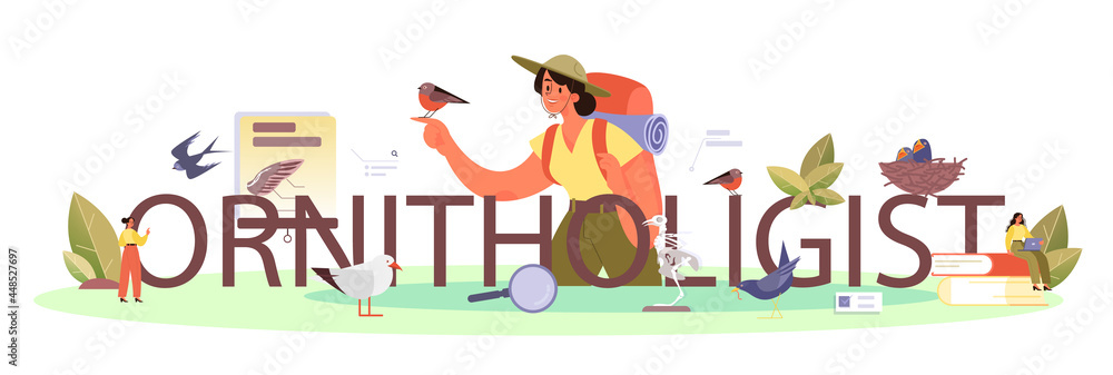 Fototapeta premium Ornithologist typographic header. Professional scientist study birds.