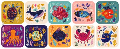 Big colourful collection wit cute funny cards on marine life theme. Underwater world cards for kids design. Vector illustrations with sea turtle, whale, fishes, seaweed