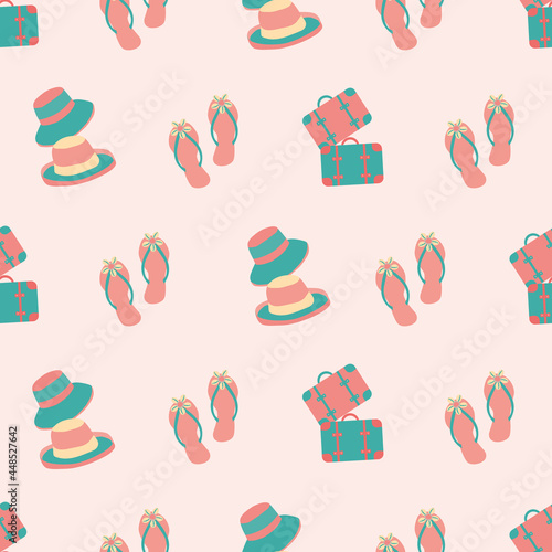 Vector travel fun seamless pattern background with flip flops, hats, suitcases, Feminine repeat backdrop with pink, aqua blue vacation icons. All over print for summer, beach holiday concept