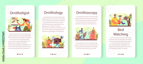 Ornithologist mobile application banner set. Professional scientist