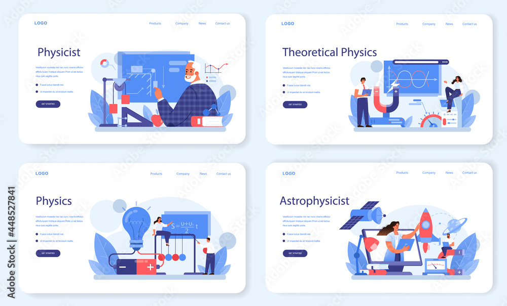 Physicist web banner or landing page set. Scientist explore electricity - obrazy, fototapety, plakaty 
