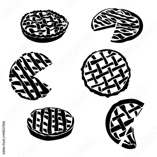 Set of silhouettes of pies with wicker stacking of dough, sweet and salty pastries with filling for design