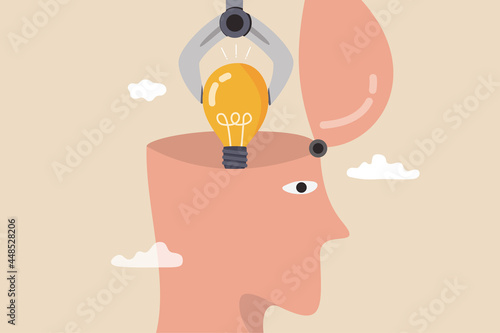 Invent new idea or innovation, knowledge or new skill to achieve work success, creativity and imagination concept, machine robot arm put bright lightbulb idea in human head metaphor of invent new idea