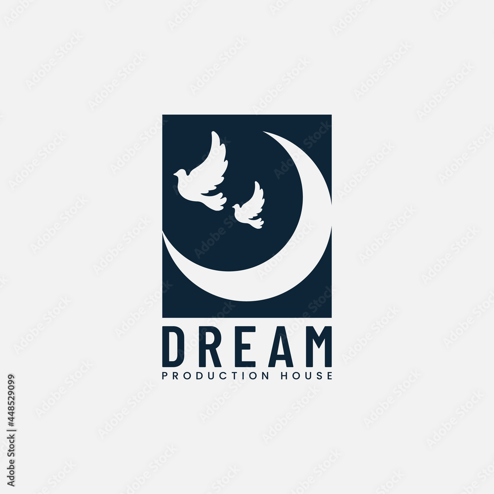 Crescent Moon with Flying Dove for Production House Logo Design Template. Suitable for Movie Film Motion Video Production Cinematography Studio Cinema Theater Industry Label in Vintage Retro Hipster