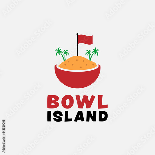 Island Illustration in a Bowl Logo Design Template. Bowl with Fried Rice or Beach Sand with Red Flag and Palm Tree. Suitable for Restaurant Cafe Bistro Bar in Modern Flat Logo Design.
