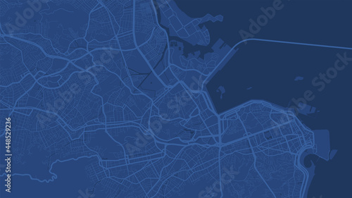 Dark blue Rio de Janeiro City area vector background map, streets and water cartography illustration.
