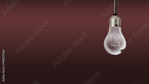 Damaged Burned Out Light Bulb Copy Space Vector. Crashed Electrical Lightbulb With Wire Filament Hanging From Ceiling. Destroyed Burnt Lamp Equipment Template Realistic 3d Illustration