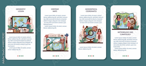 Geography class mobile application banner set. Students learning the lands