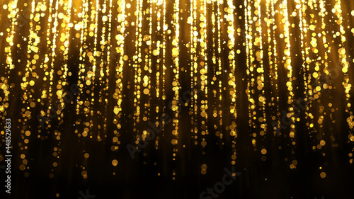 Background with falling gold glitter particles. Rain of golden confetti with magic light, glamour. Beautiful animated christmas background