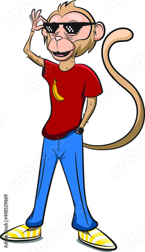 Hipster Monkey with Cool Glasses and Banana T-Shirt dressed as humans. Anthropomorphic Animals. Cool Monkey Character 2d glasses. Beer Mascot. Anthropomorphism. Animals Dressed as Humans.