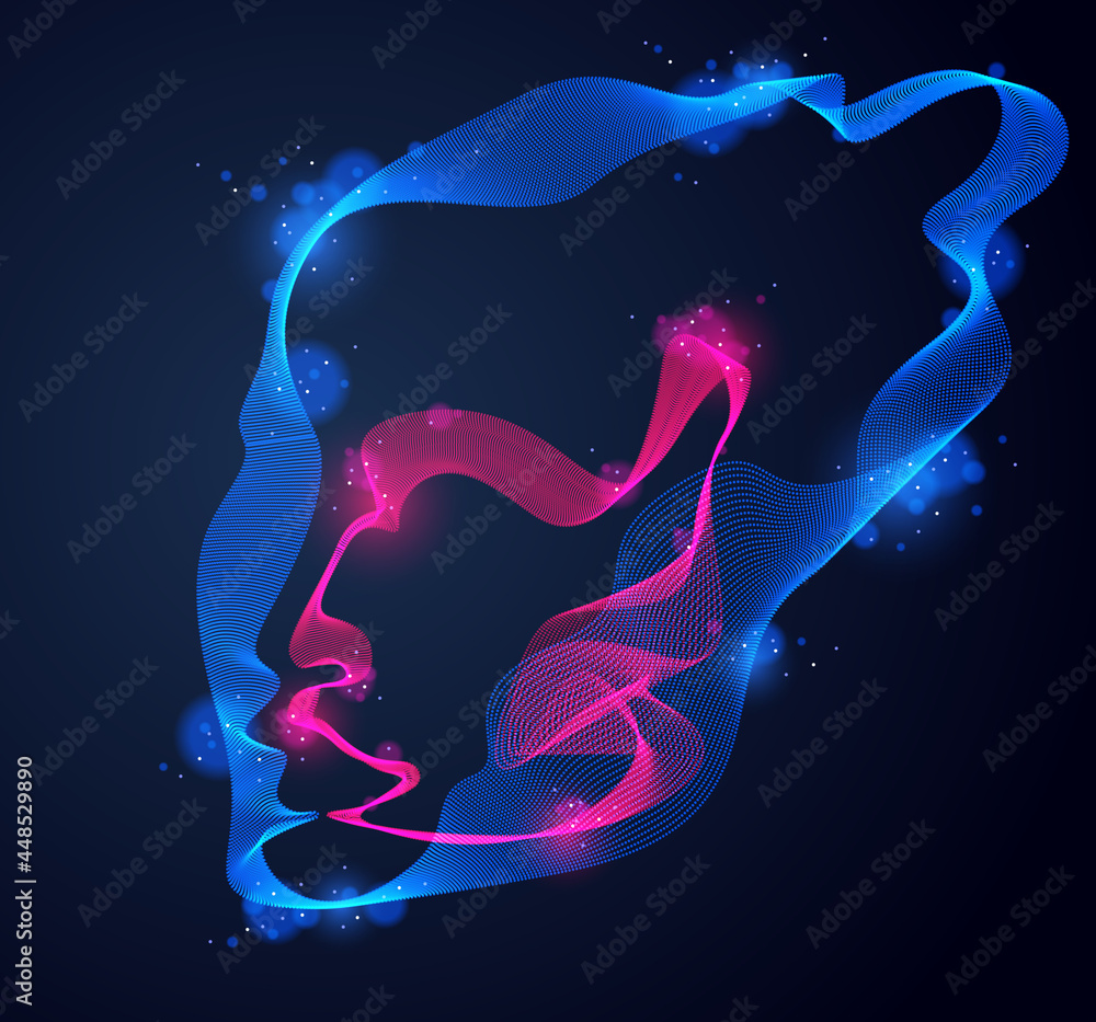 Abstract artistic human head portrait made of dotted particles array ...