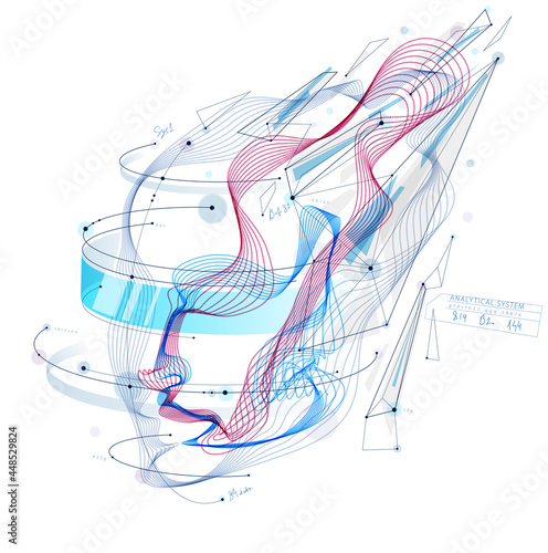 Abstract artistic human head portrait made of dotted particles array, vector illustration of Artificial Intelligence, software digital visual interface.