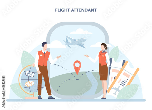 Stewardess concept. Flight attendants help passenger in airplane