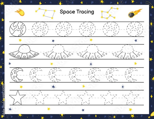 Trace space objects activity page for kids. Handwriting practice worksheet with funny space characters. Educational game for preschool. Vector illustration