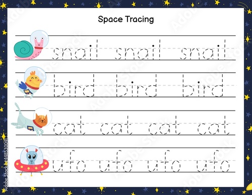 Trace words activity page for kids. Handwriting practice worksheet with funny space characters. Educational game for preschool. Vector illustration