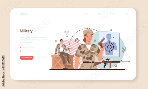 Soldier web banner or landing page. Millitary force employee in camouflage