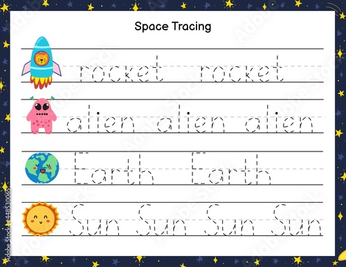 Trace words activity page for kids. Handwriting practice worksheet with funny space characters. Educational game for preschool. Vector illustration