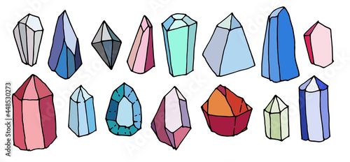 vector set of multi-colored crystals. a hand-drawn collection of precious stones, bright blue, red, green colors, various shapes with a black outline, isolated on a white background for a design templ