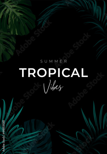Dark summer tropical background with exotic palm leaves. Vector floral template.