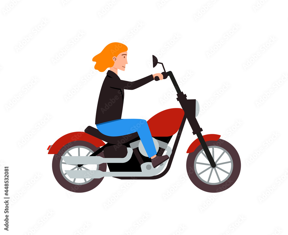 Motorcyclist riding on red motorbike at city road a vector illustration.