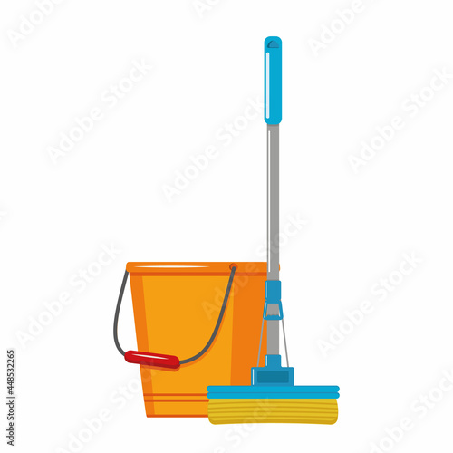 bucket and mop for washing floors, vector color isolated illustration