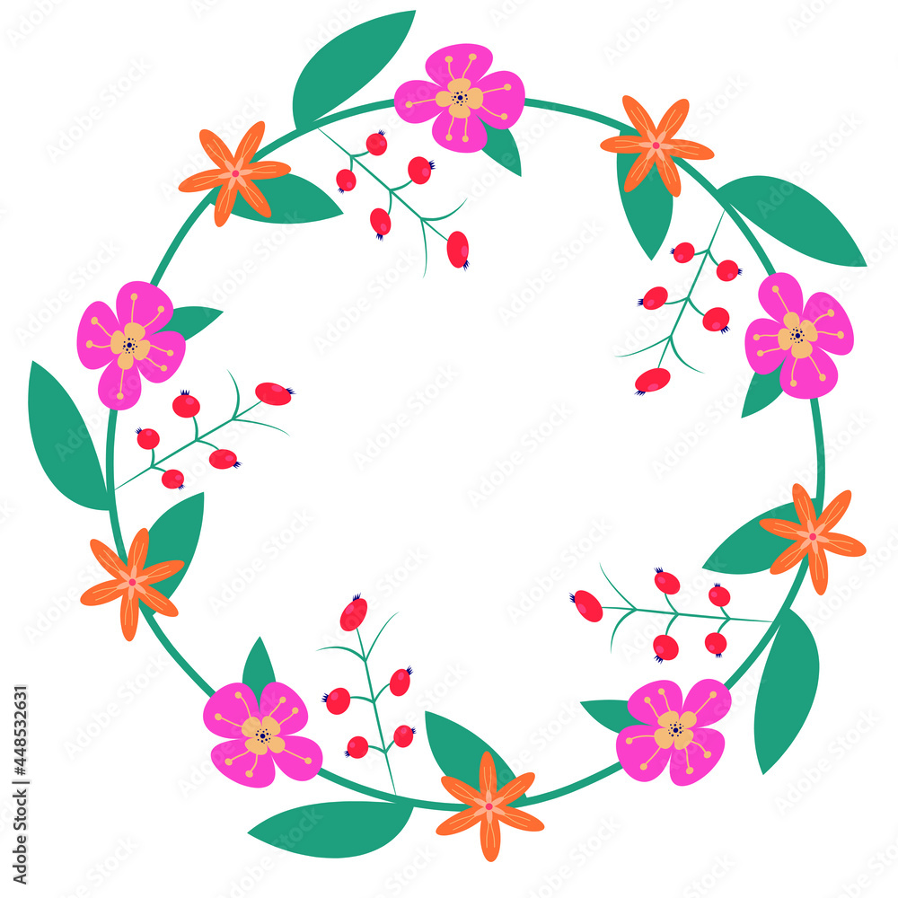 Detailed contour wreath with herbs and vibrant wild stylized flowers isolated on white. Round frame for your design, greeting cards, wedding announcements, posters. Seamless pattern brush.