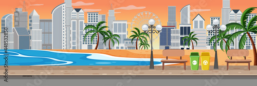 Beach at sunset scene with cityscape horizontal background