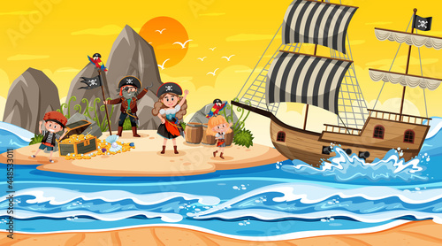 Treasure Island scene at sunset time with Pirate kids