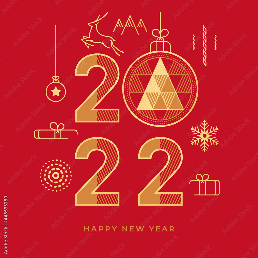 Naklejka premium 2022 Happy New Year greeting card, abstract golden flat line icons isolated on red background. Vector present box surprise, Christmas garland ribbon and holiday gift, mountains and snowflake, reindeer