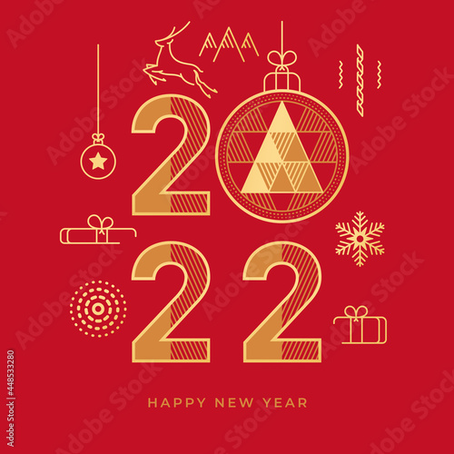 2022 Happy New Year greeting card, abstract golden flat line icons isolated on red background. Vector present box surprise, Christmas garland ribbon and holiday gift, mountains and snowflake, reindeer