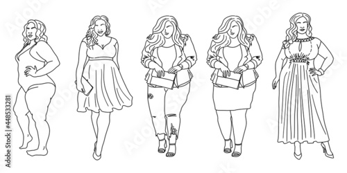 Fat woman set. Outline sketch. Body positive girls in different dresses. Overweight, plus size women concept. Vector illustration.