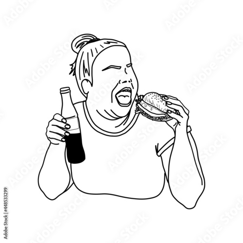 Fat woman eating burger and drinking soda. Outline sketch. Hungry girl eating fast food. Vector illustration.