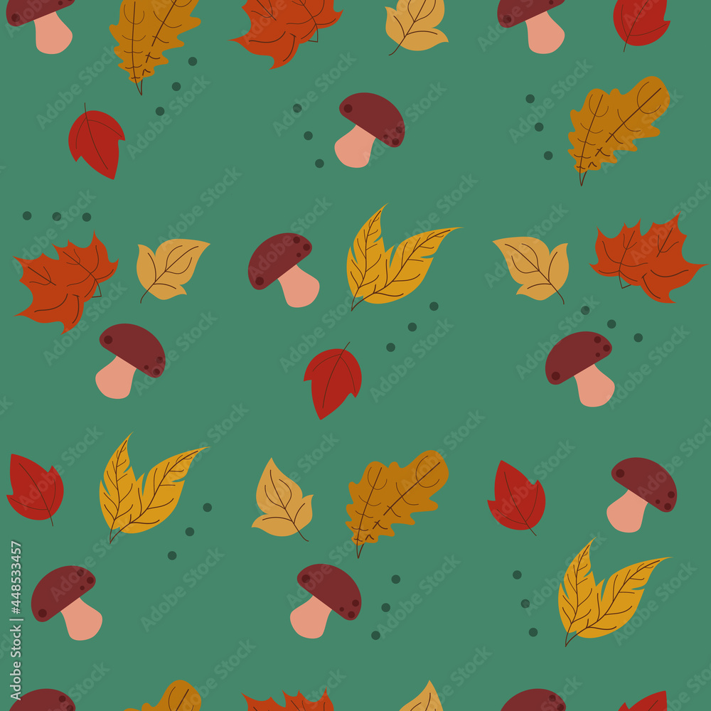 Autumn pattern with leaves and mushrooms. Perfect for wallpaper, gift paper, pattern fills, web page background, autumn greeting cards.