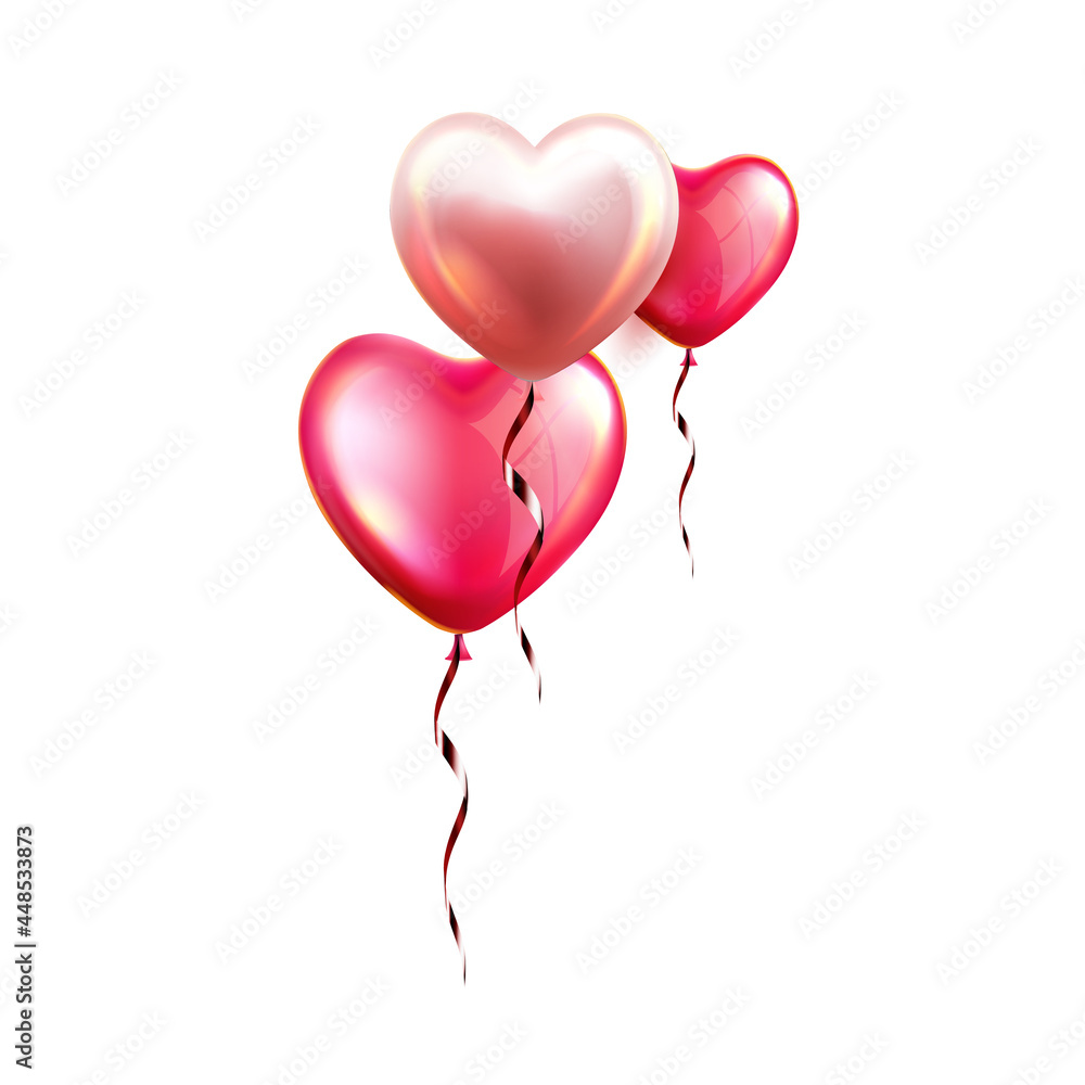 Air Balloons In Heart Form With Ribbon Vector. Fly Helium Inflated Balloons In Love Symbol Form, Beautiful Gift On Valentine Day Or Birthday Party. Romantic Decorate Template Realistic 3d Illustration