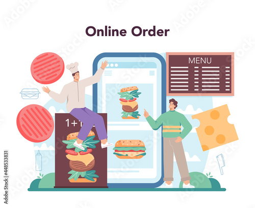 Fast food, burger house online service or platform set. Chef cook tasty