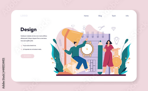 Jeweler web banner or landing page. Goldsmith examining