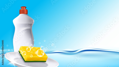 Washing Detergest For Wash Plates Copyspace Vector. Dishwashing Blank Bottle With Chemical Liquid And Sponge Accessory For Clean Plates In Bubble Water. Template Realistic 3d Illustration