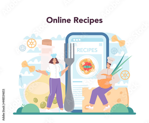 Spaghetti or pasta online service or platform. Italian food on the plate