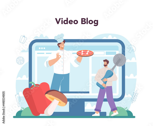 Pizzeria online service or platform. Chef cooking tasty delicious pizza