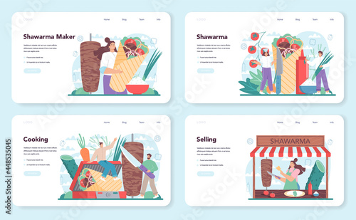 Shawarma street food web banner or landing page set. Chef cooking delicious